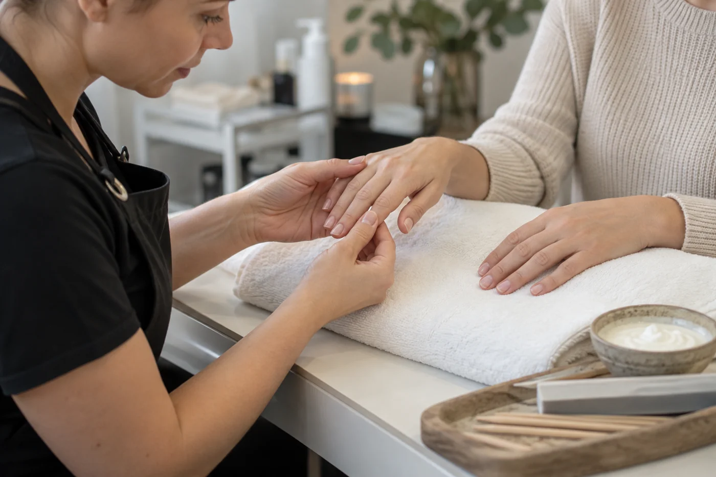 Manicurista observando las uñas de una clienta