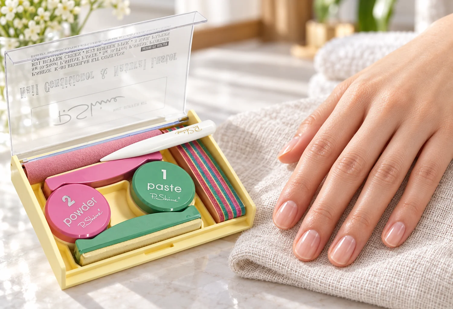 Kit P.Shine junto a una mano con uñas de aspecto natural