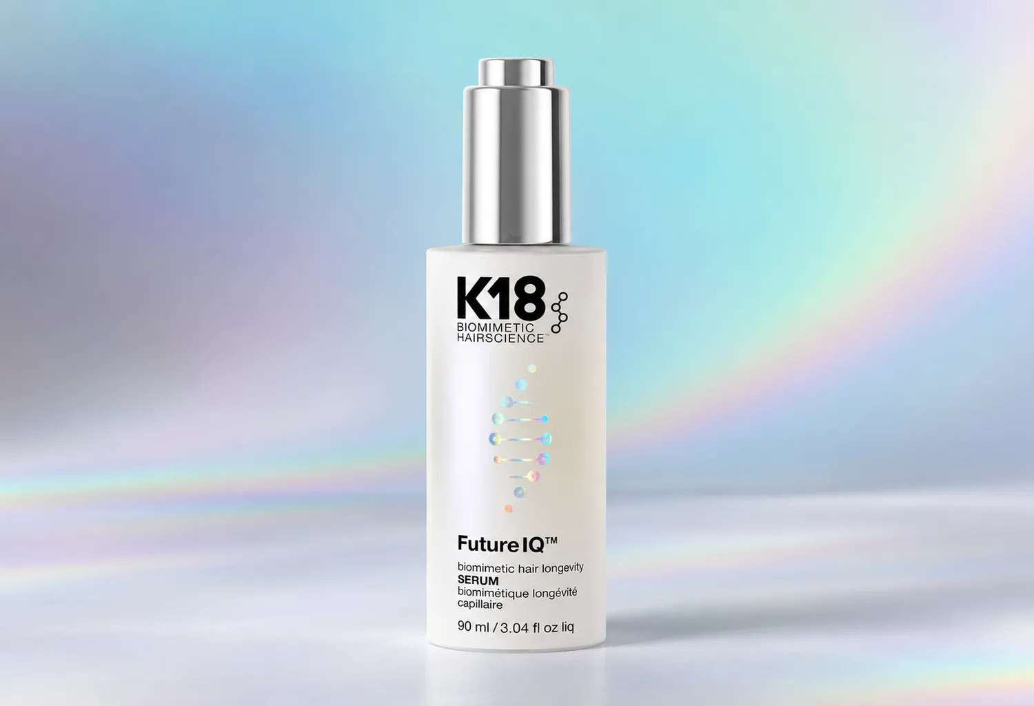 Frasco K18 FutureIQ de 90 ml con logotipo y nombre del producto