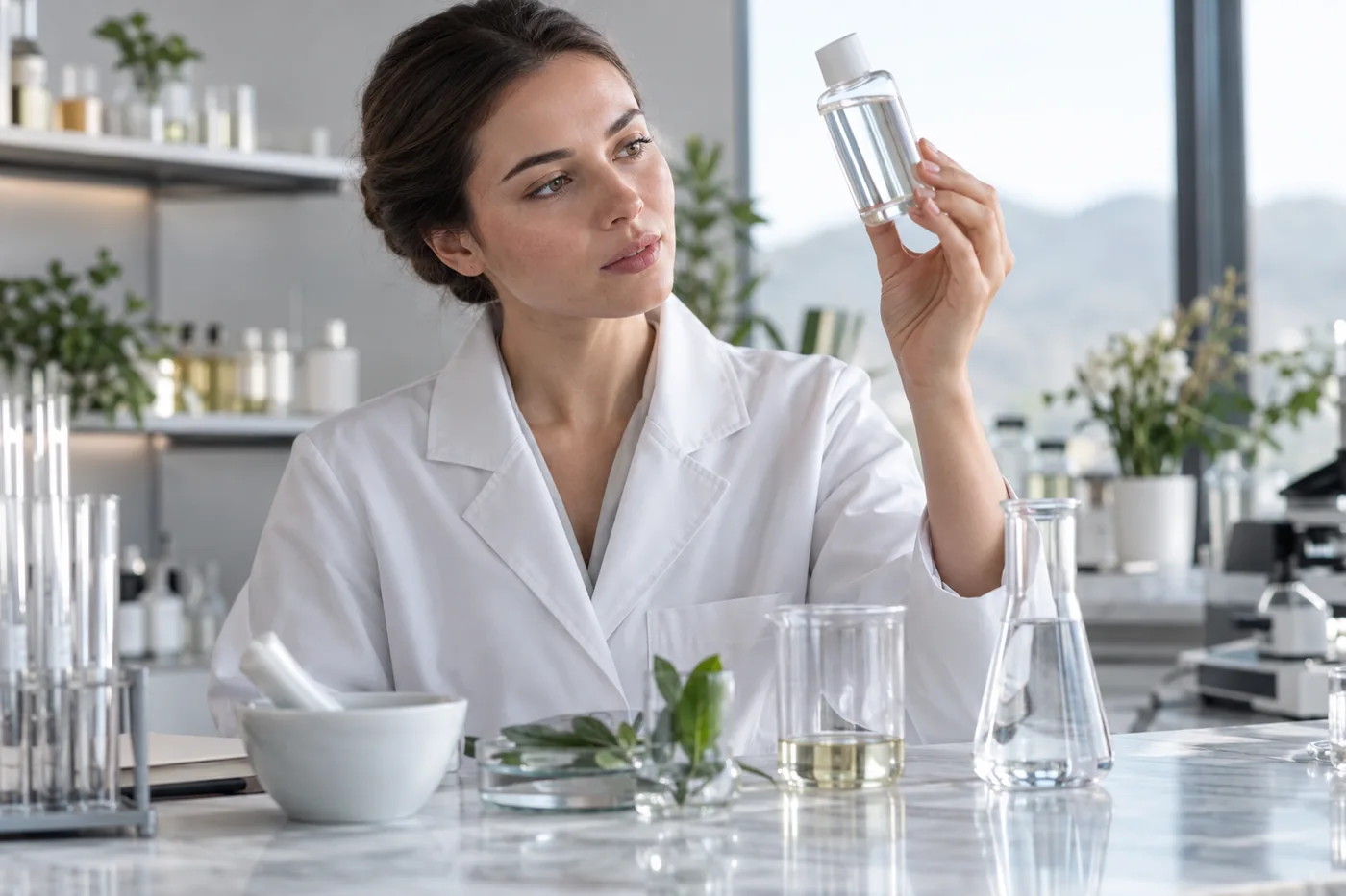 Profesional trabajando con muestras cosméticas en un laboratorio