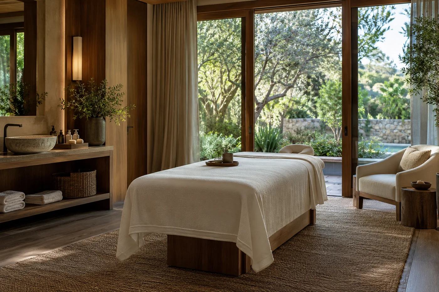 Cabina de spa luminosa con camilla y materiales naturales