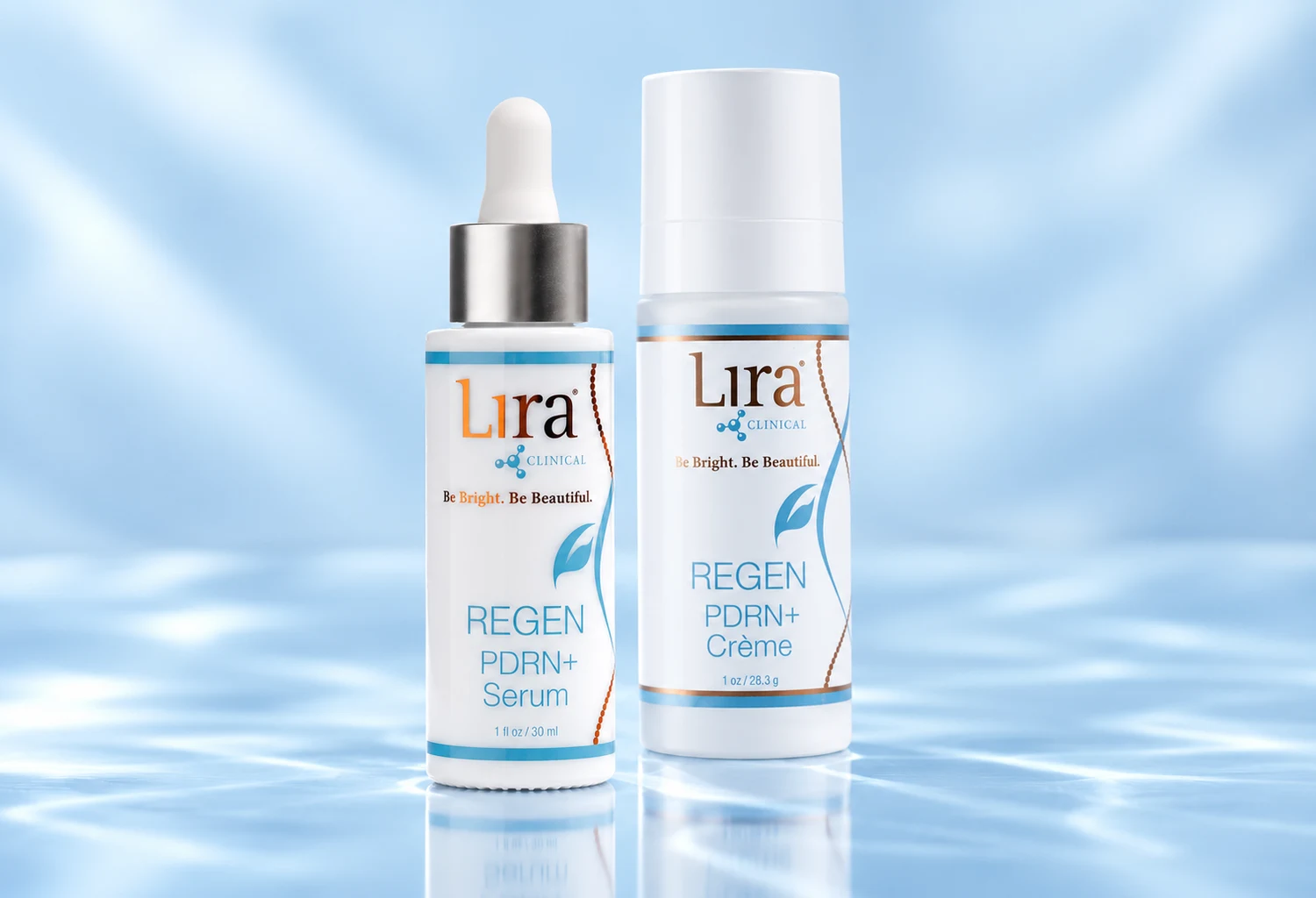 REGEN PDRN+ Serum y Crème con sus envases y logotipos visibles