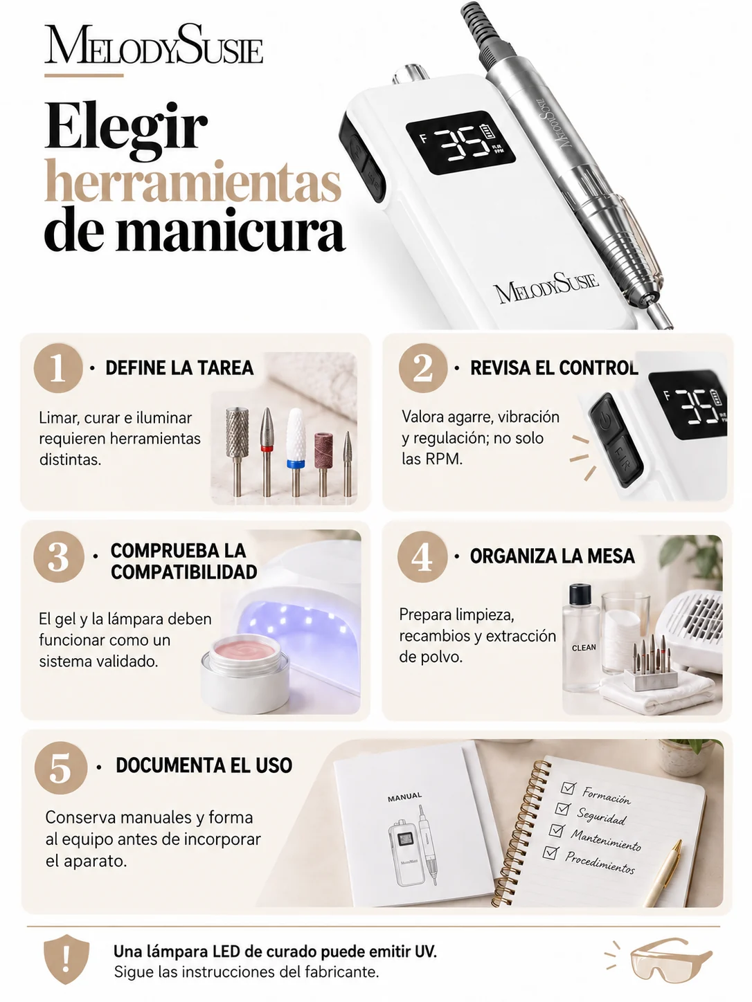 Infografía con cinco comprobaciones antes de elegir herramientas de manicura