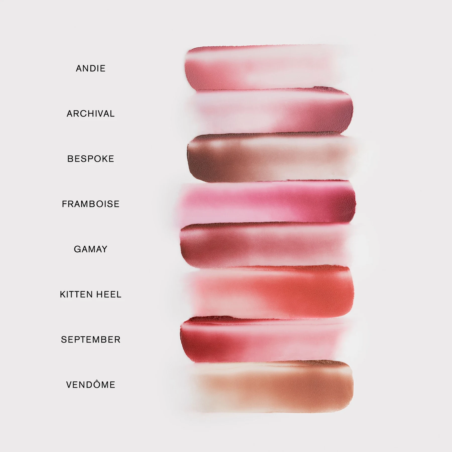 Muestras de los ocho tonos de MERIT Signature Lip Blush
