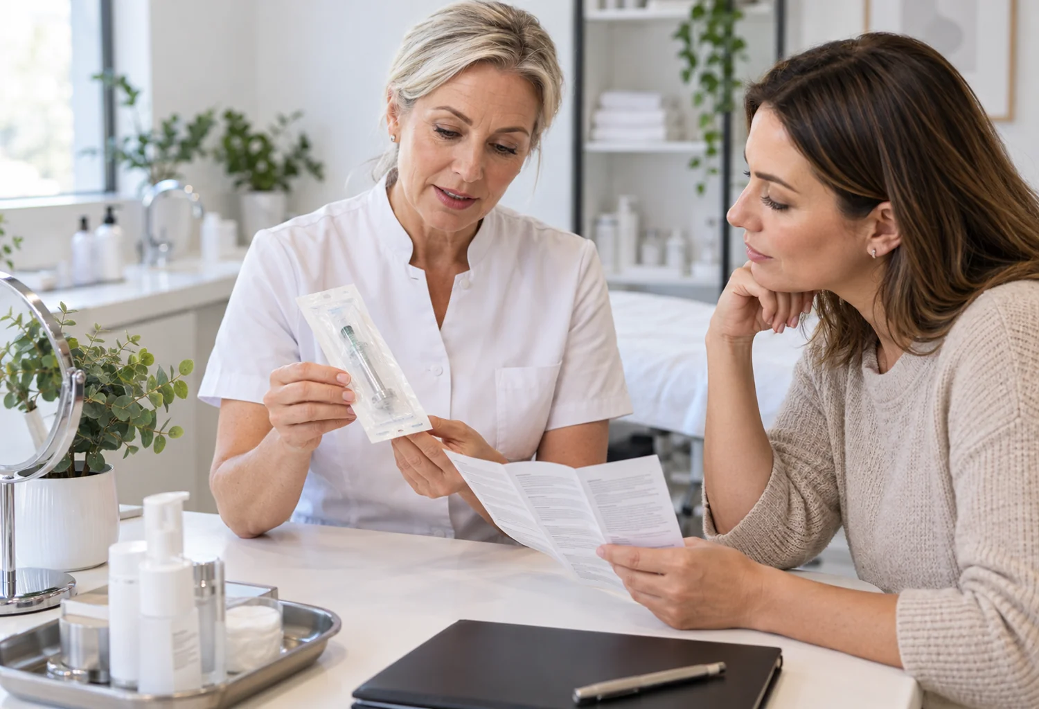 Profesional revisa documentación con una usuaria en consulta