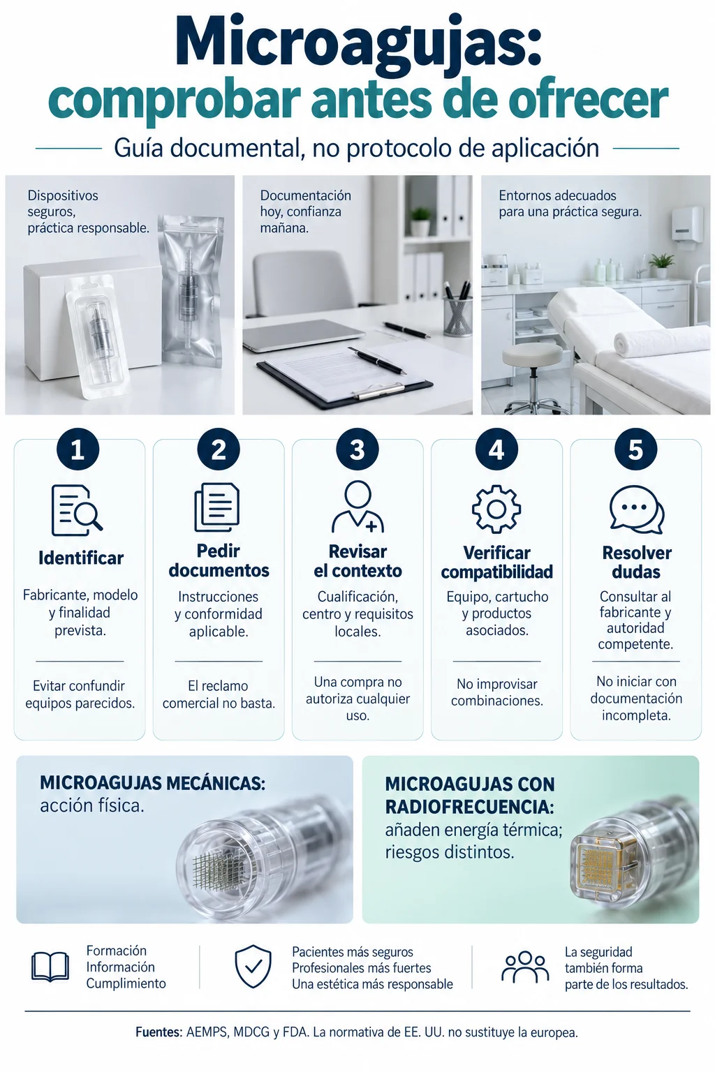 Infografía de documentación y seguridad para evaluar equipos de microagujas