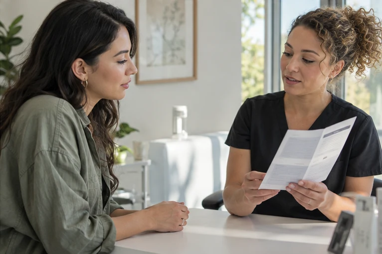 Profesional y usuaria revisan información en una consulta