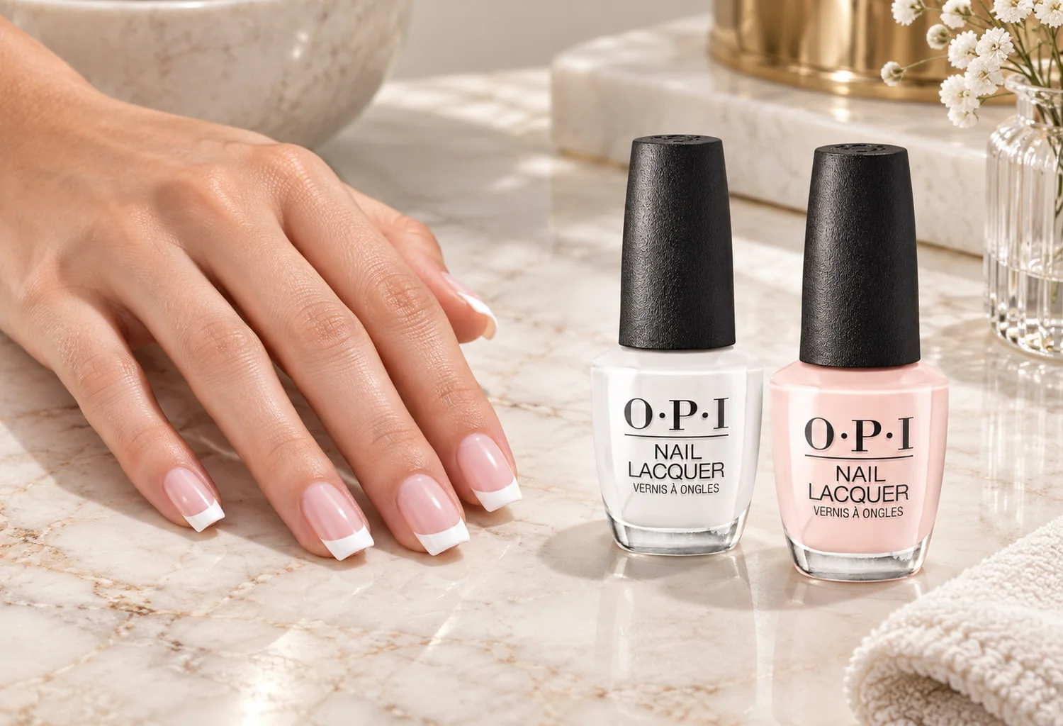 Manicura francesa cuadrada junto a referencias de color OPI