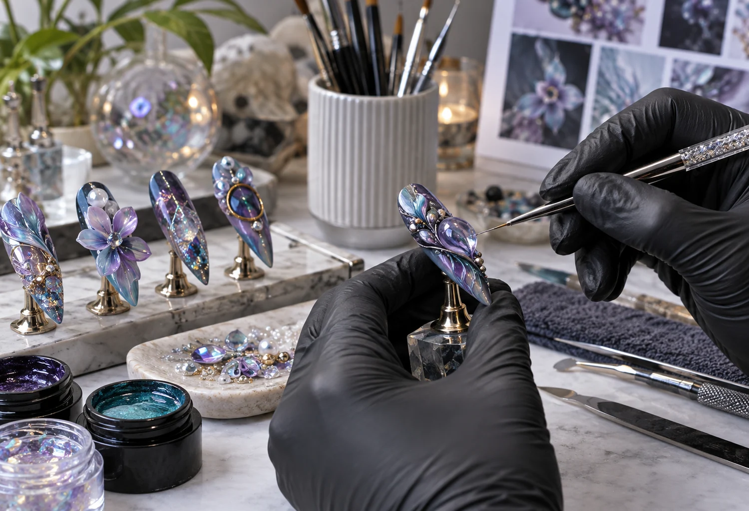 Artista trabajando una pieza de nail art sobre un soporte de práctica