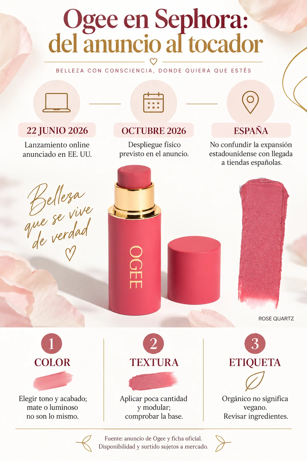 Infografía del calendario de Ogee en Sephora y claves de color, textura y etiqueta