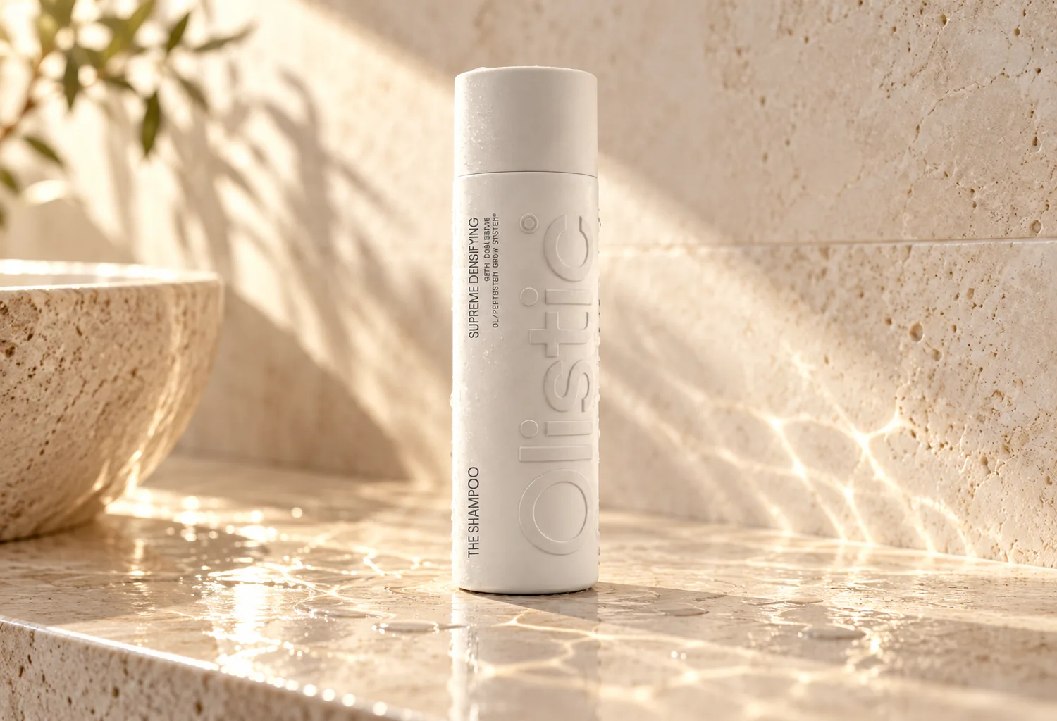Envase blanco de Olistic The Shampoo Supreme Densifying sobre piedra clara