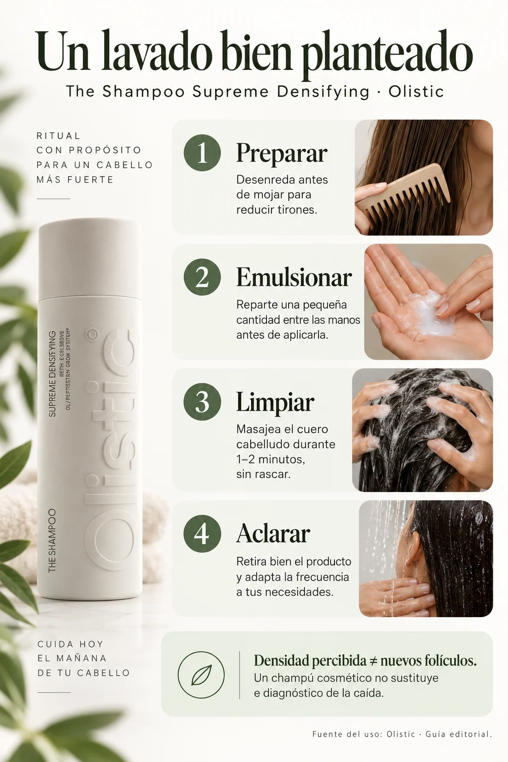 Infografía de preparación, emulsión, limpieza y aclarado con Olistic The Shampoo
