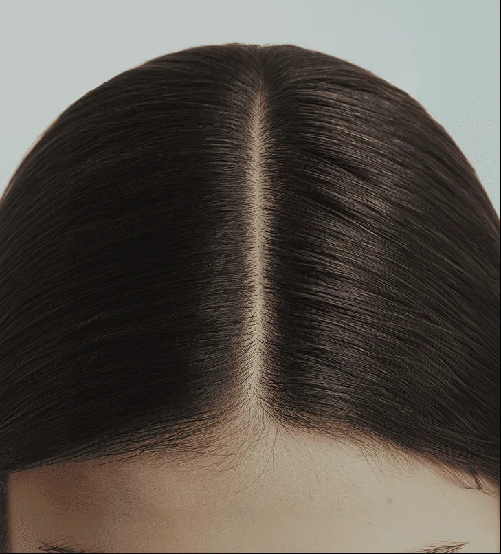 Detalle de la raya del cabello y cuero cabelludo