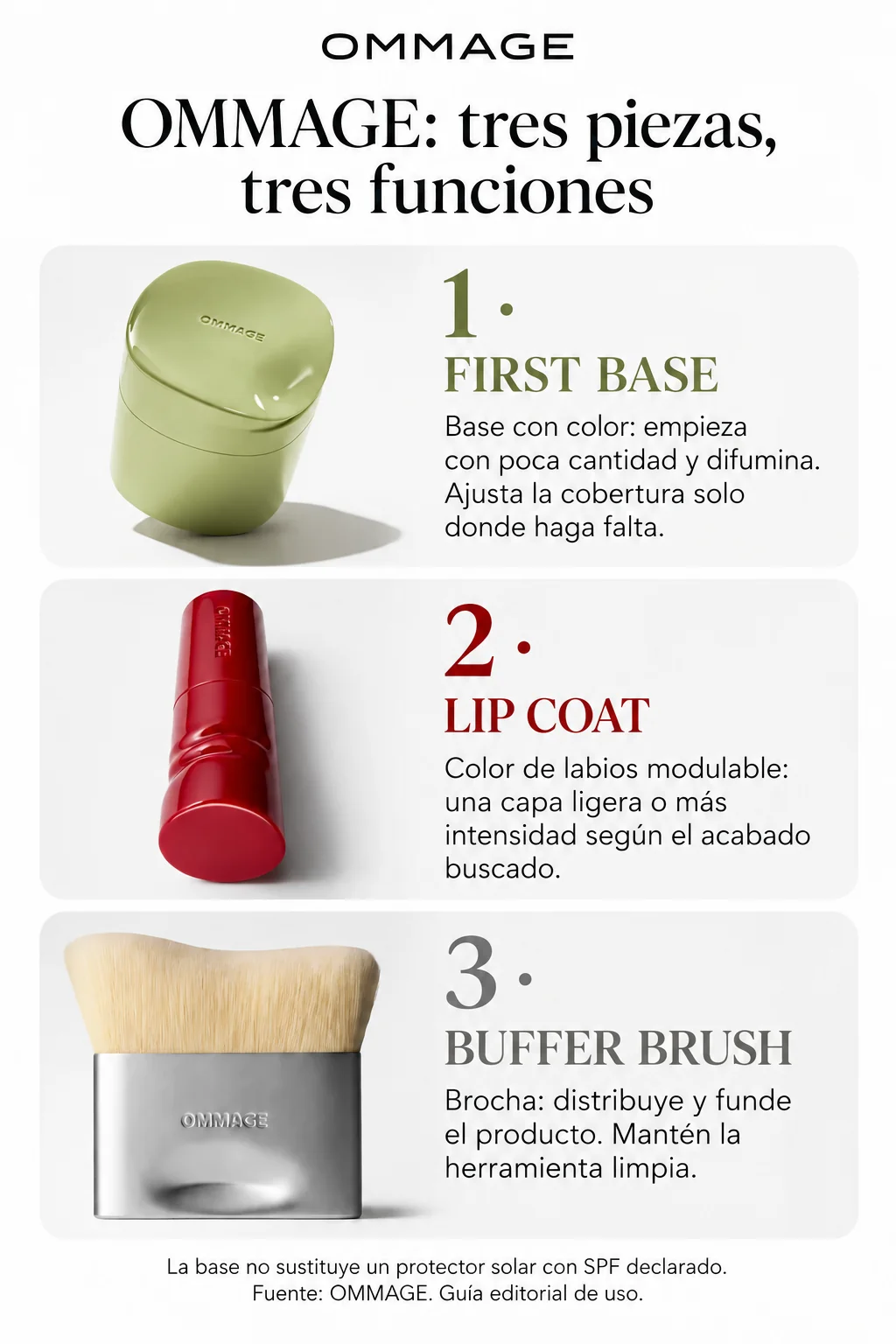 Infografía de First Base, Lip Coat y Buffer Brush