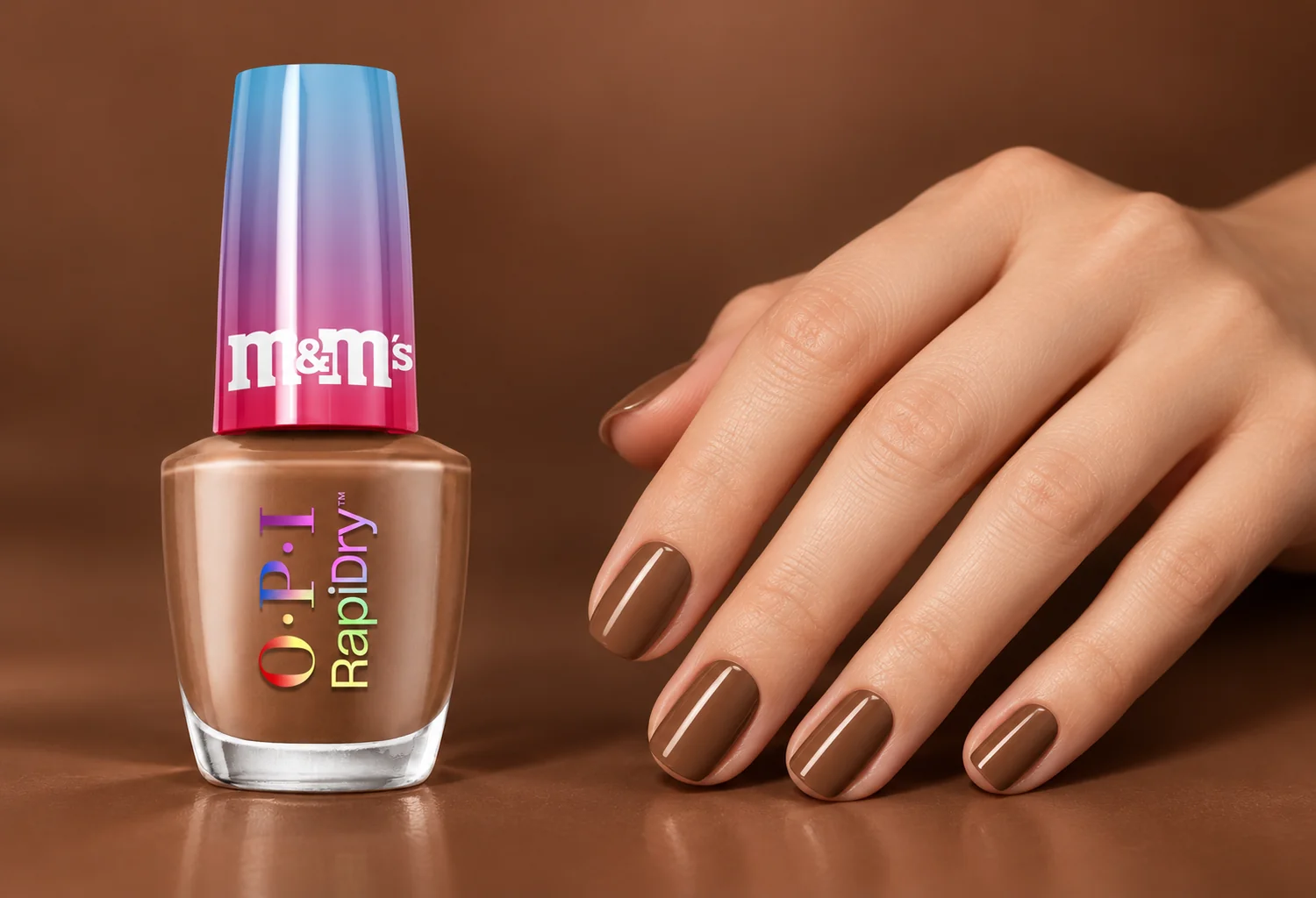 Producto OPI RapiDry x M&M’s con manicura marrón