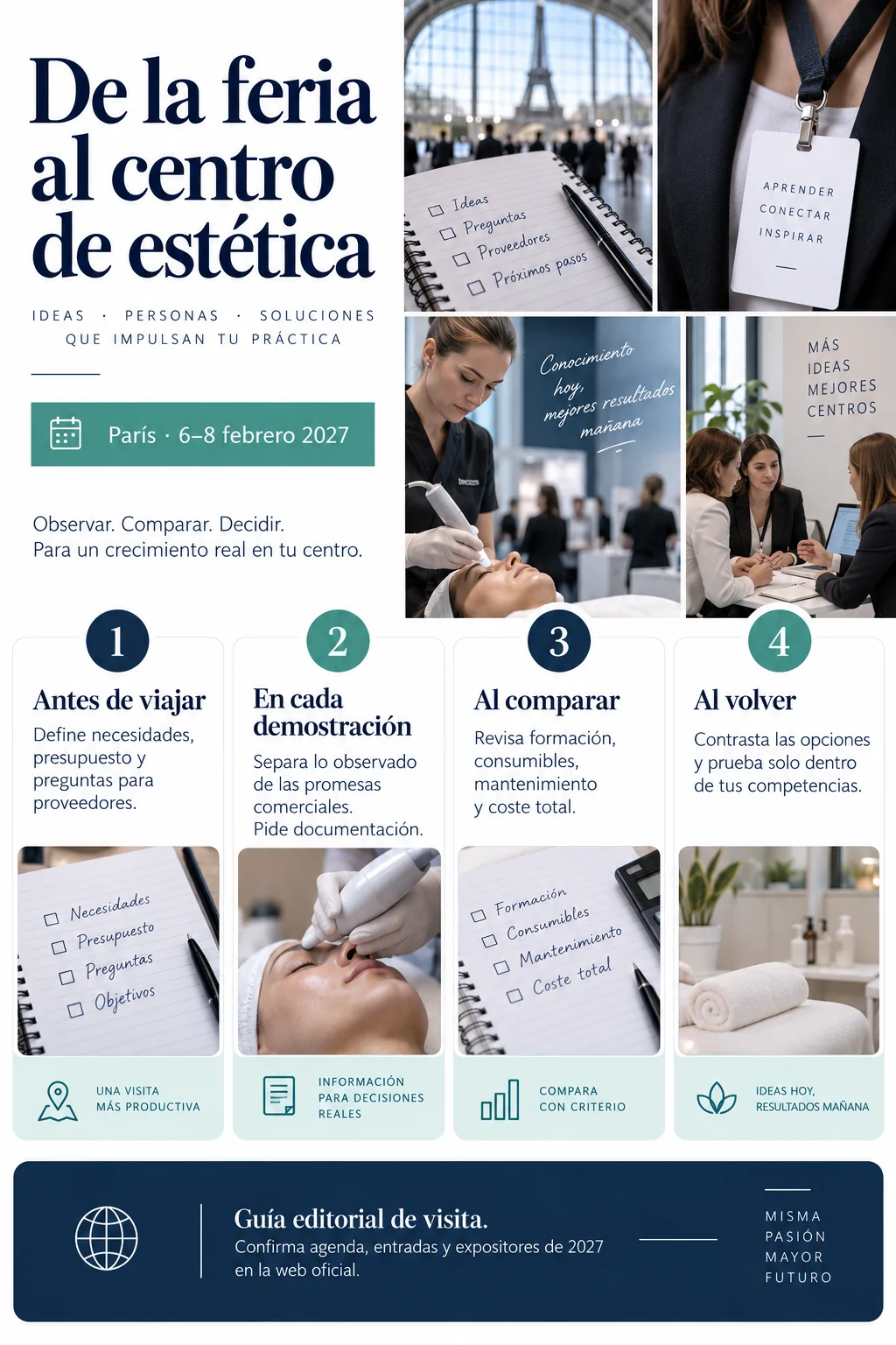 Infografía con cuatro etapas para preparar, observar, comparar y decidir tras una feria