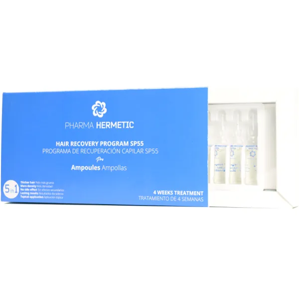 Caja y ampollas reales del programa capilar SP55 de Pharma Hermetic