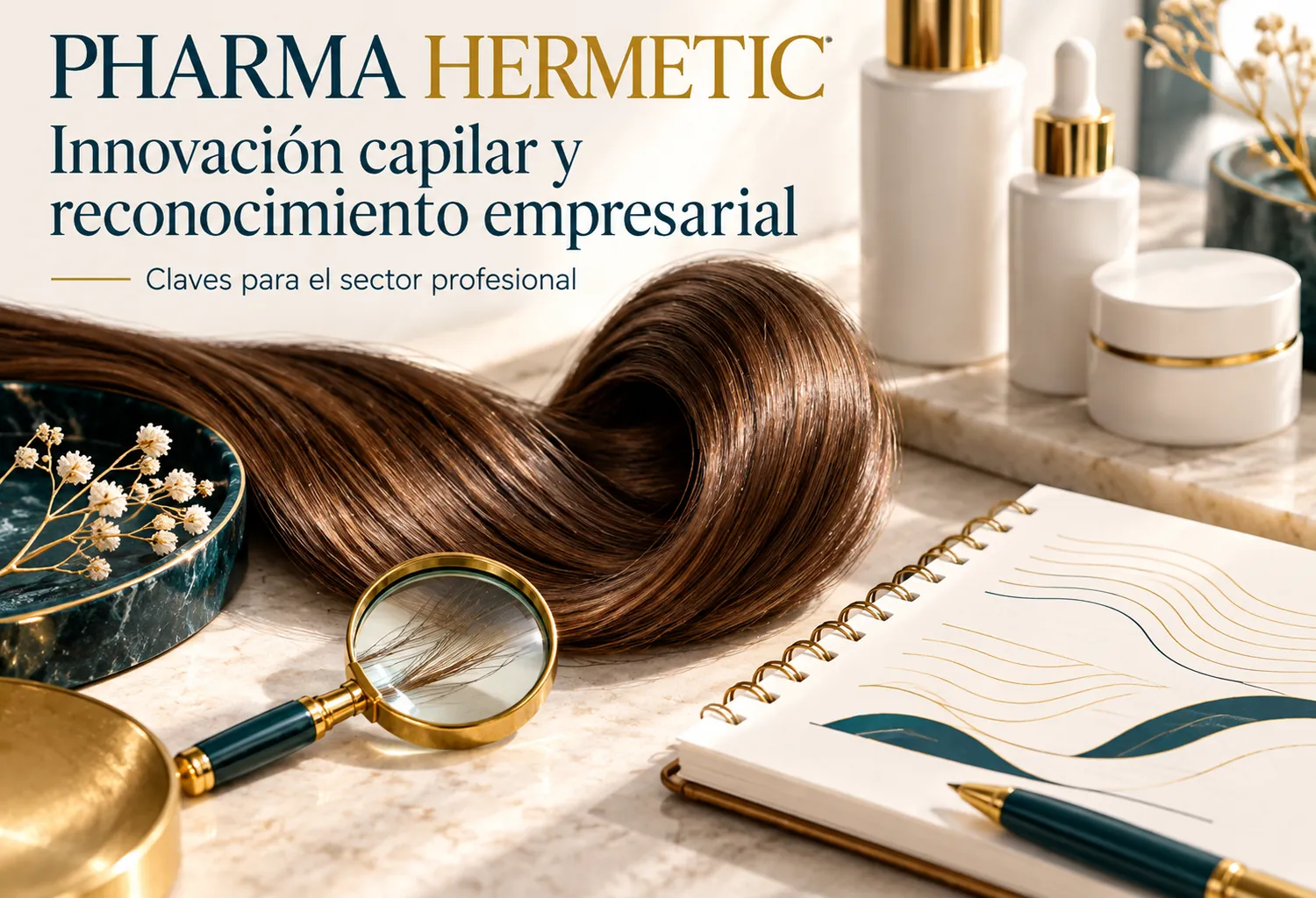 Ilustración editorial sobre innovación capilar y reconocimiento empresarial de Pharma Hermetic