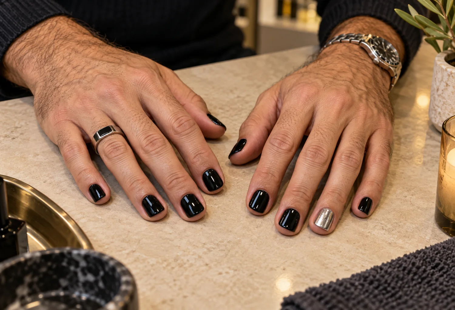 Manos masculinas con uñas negras y un acento plateado