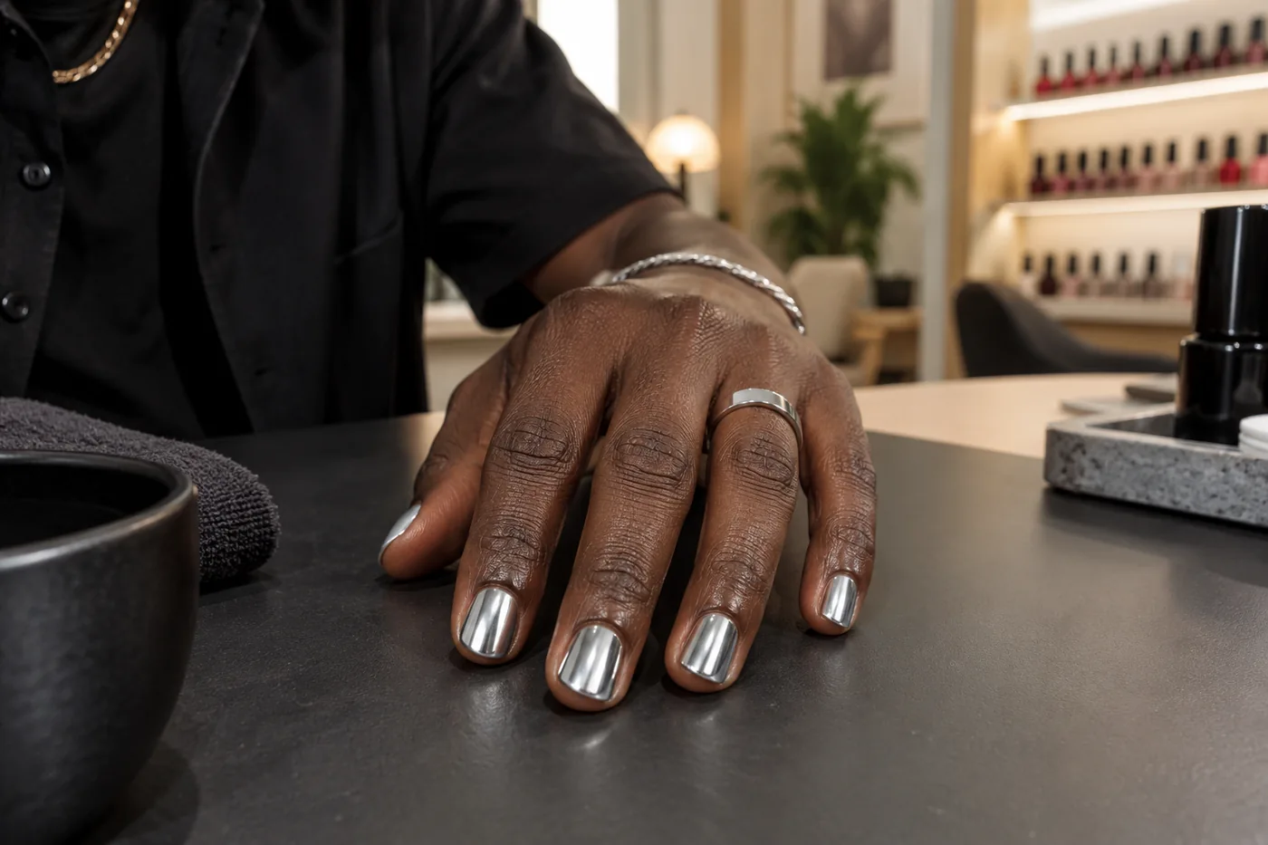 Mano masculina con uñas reflectantes de acabado cromado