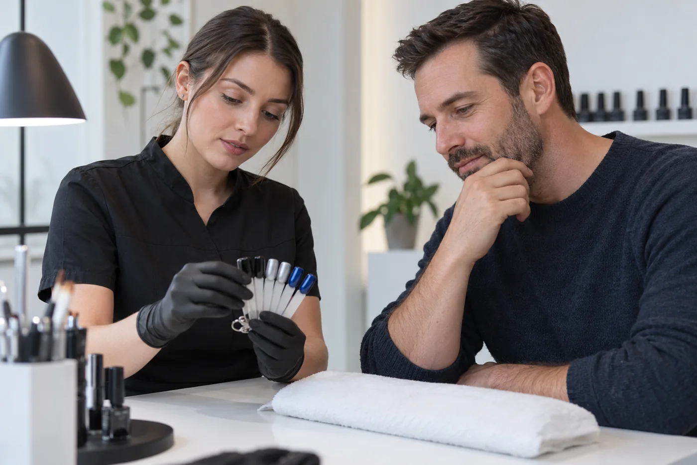 Profesional mostrando muestras de negro, azul y cromado a un cliente