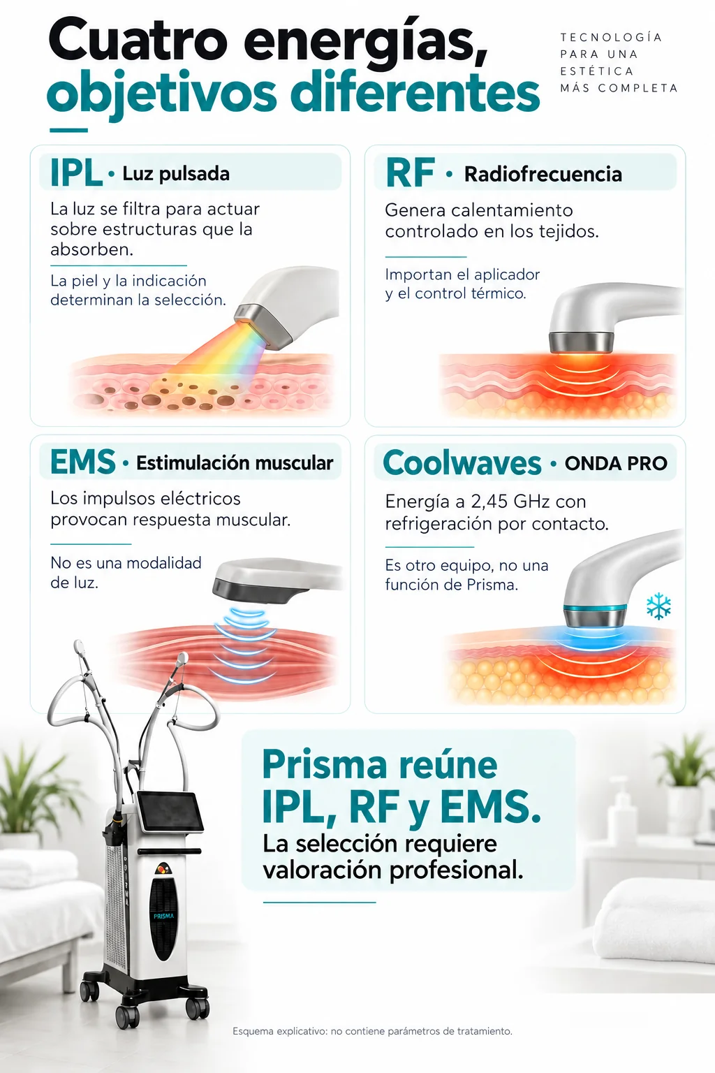 Infografía que compara cuatro modalidades de energía estética