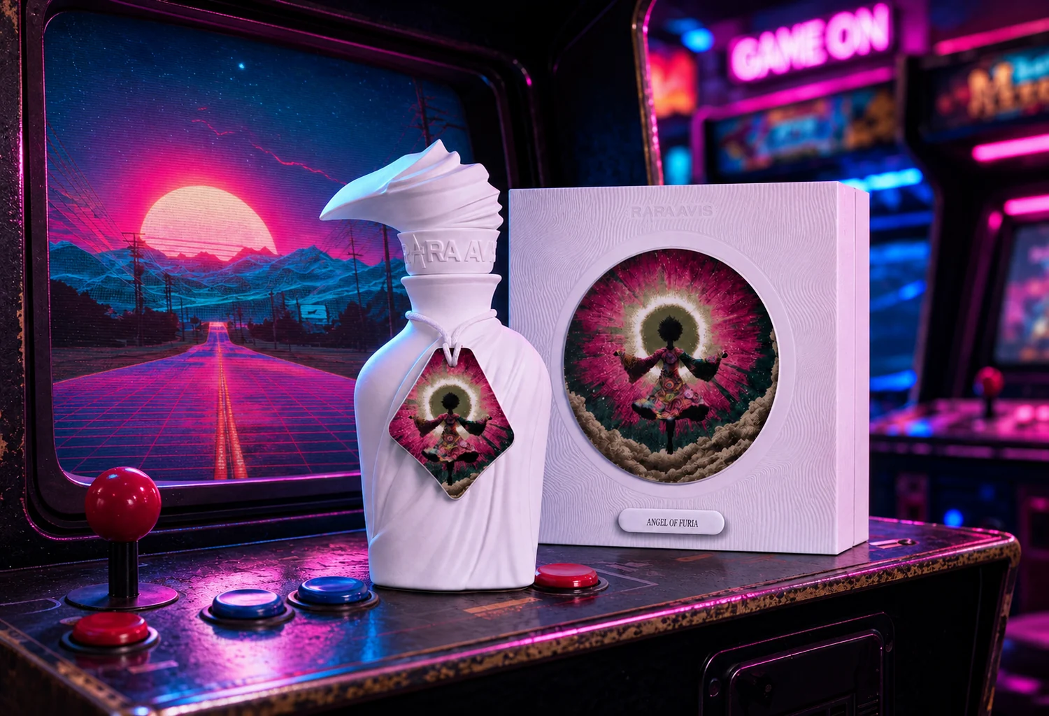 Frasco escultórico y caja de Angel of Furia de Rara Avis