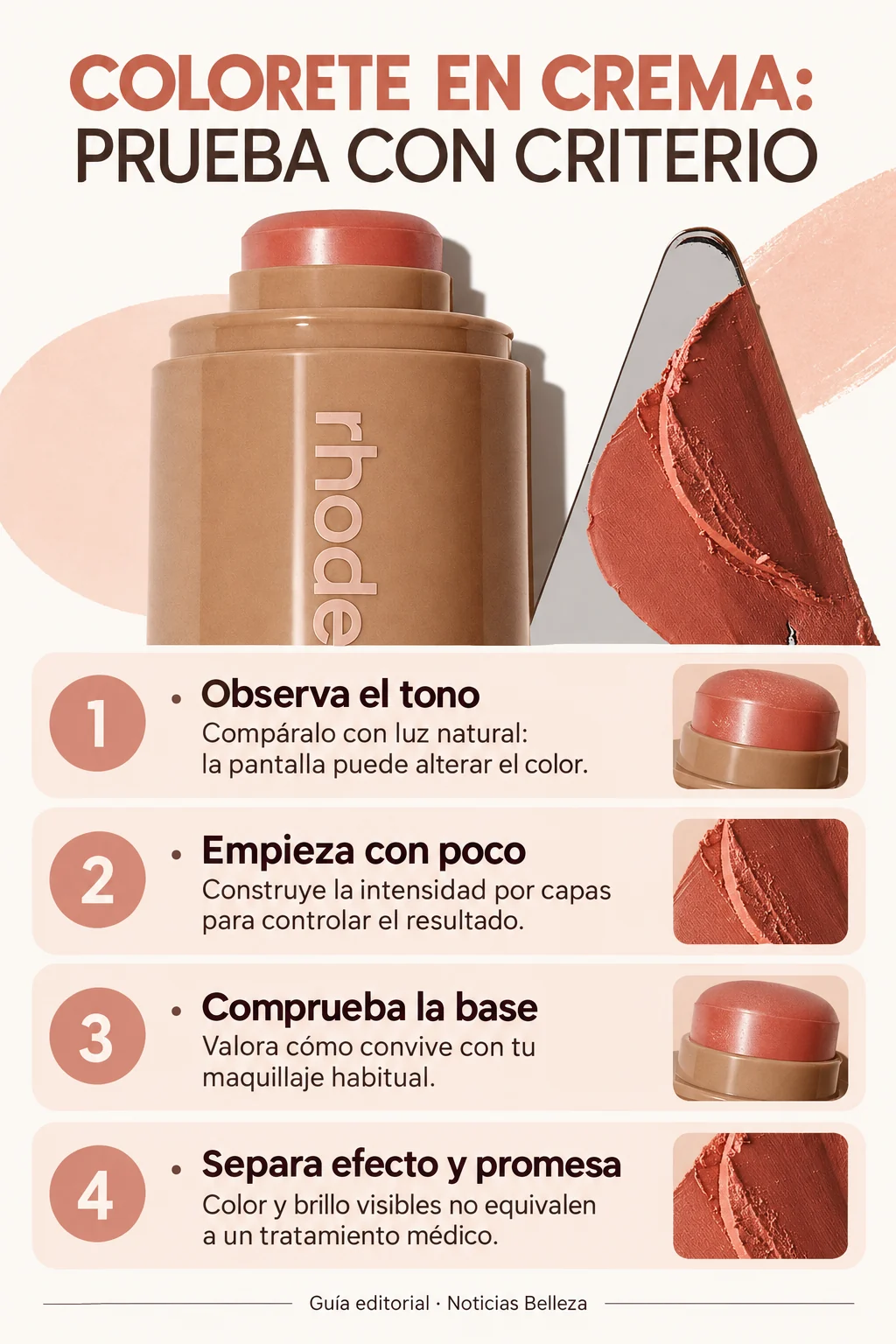 Cuatro pasos para observar tono, dosificación, base y promesas de un colorete