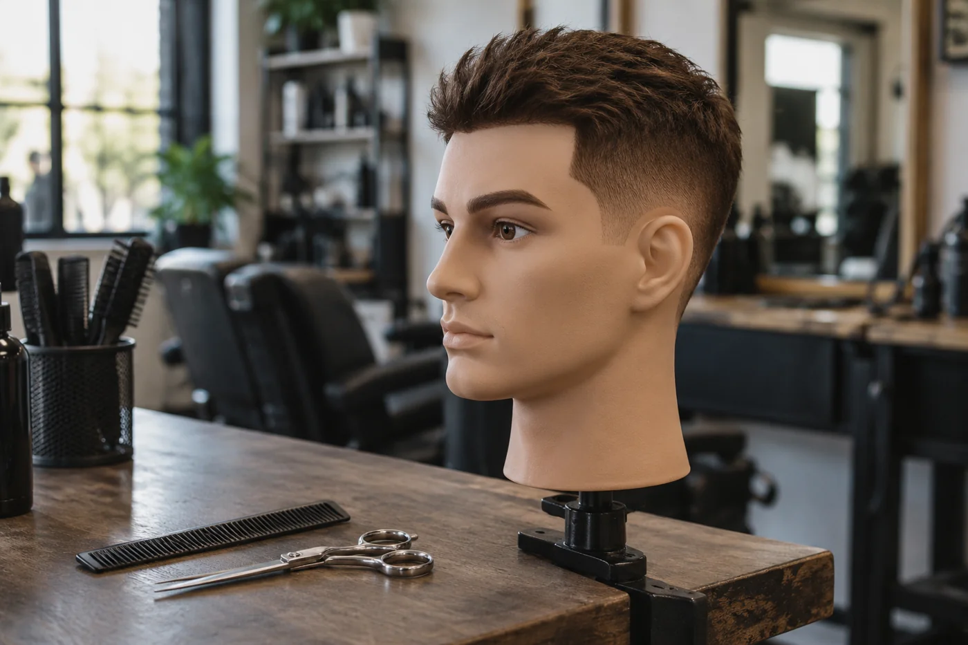 Maniquí de cabello corto sobre una mesa con peine y tijera