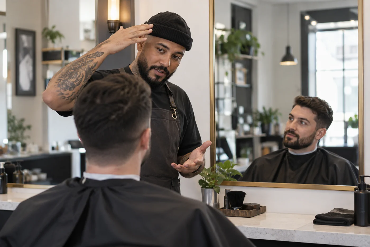 Barbero conversando con un cliente ante el espejo