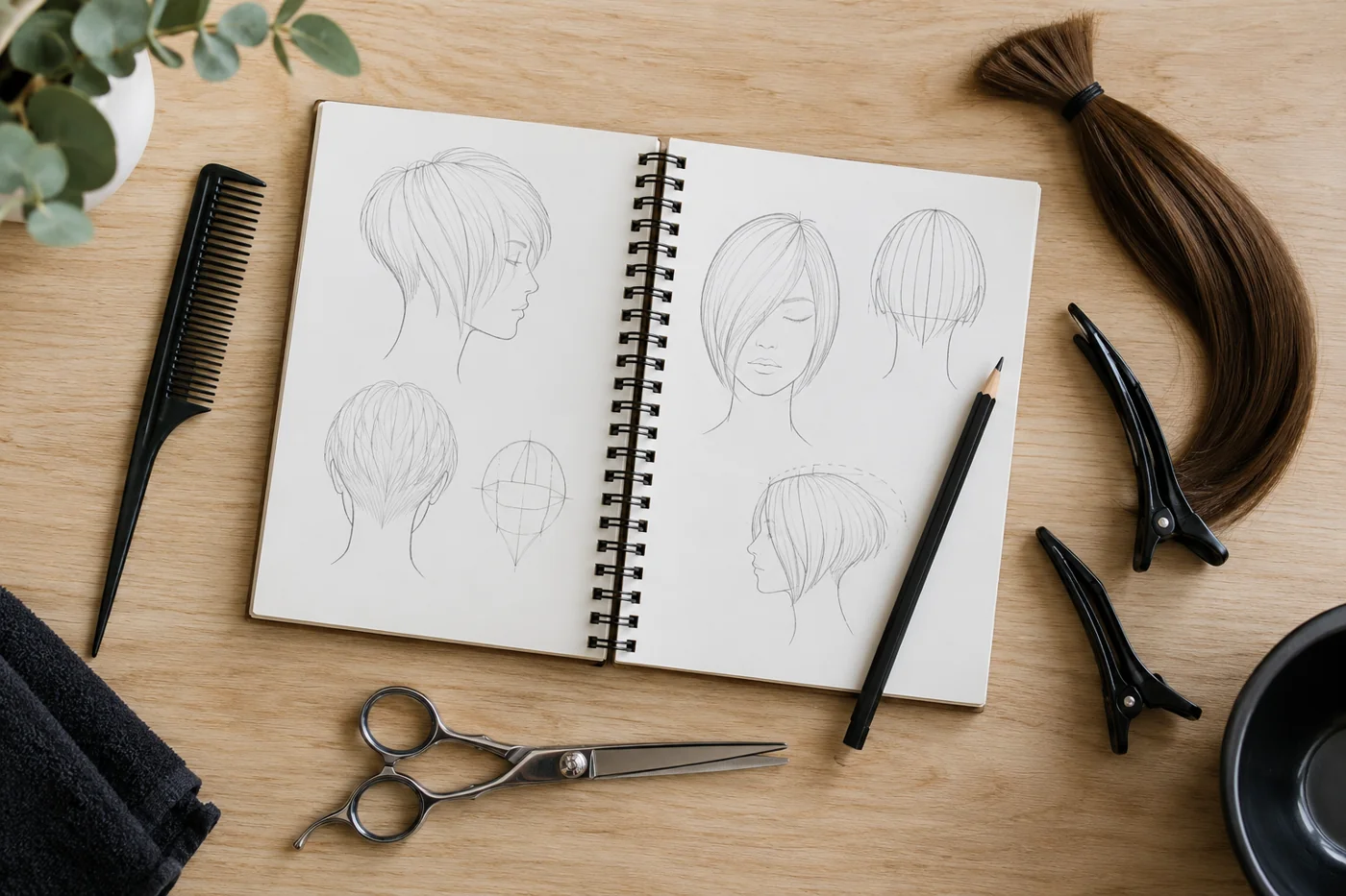 Cuaderno con dibujos de cortes junto a peine y tijera