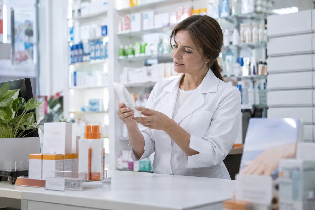 Profesional de farmacia revisando el reverso de un tubo