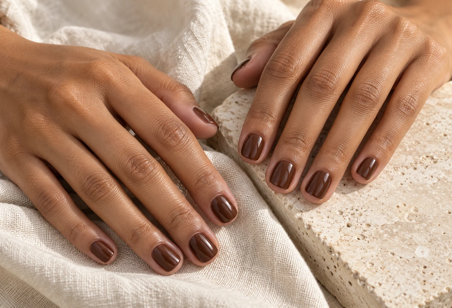 Manos con uñas cortas y esmaltado marrón brillante
