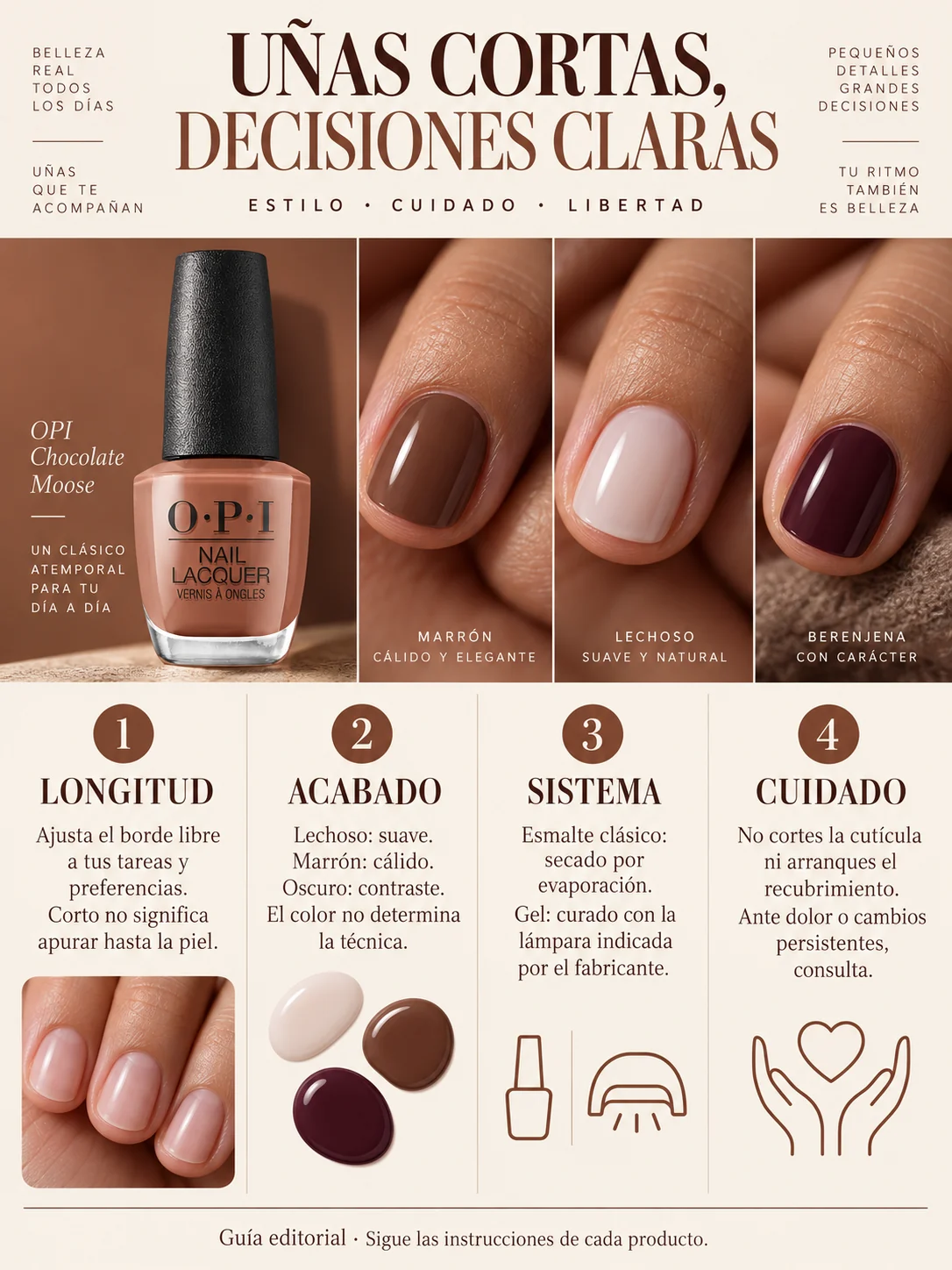 Infografía sobre longitud, acabado, sistema de esmaltado y cuidado
