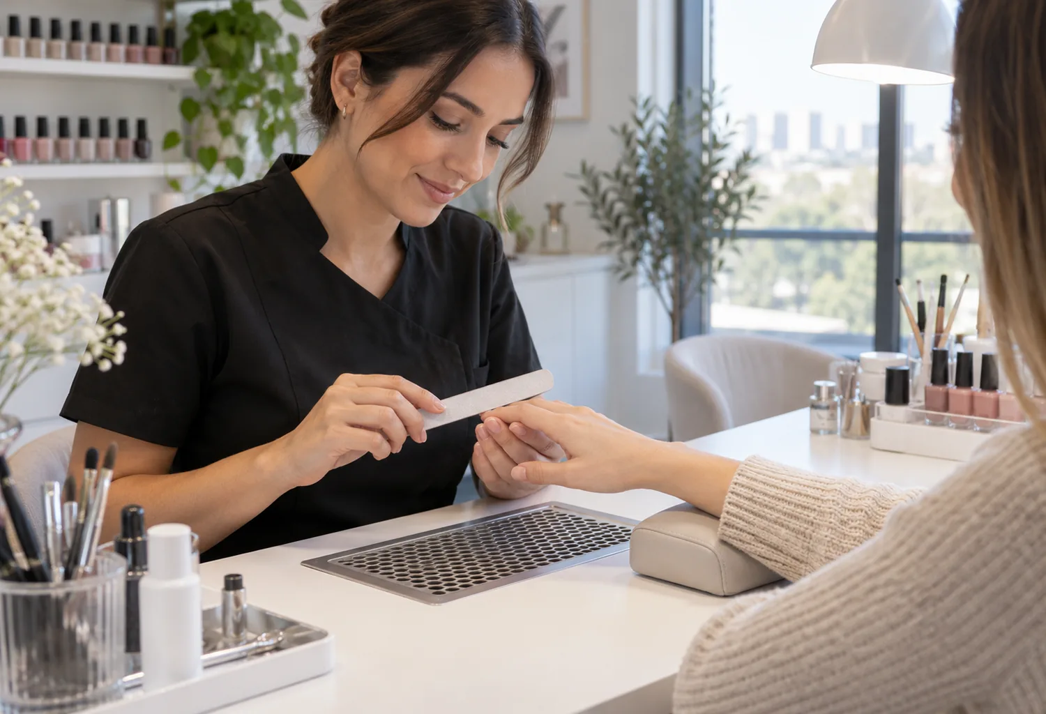 Profesional de manicura trabajando en una mesa con rejilla de extracción