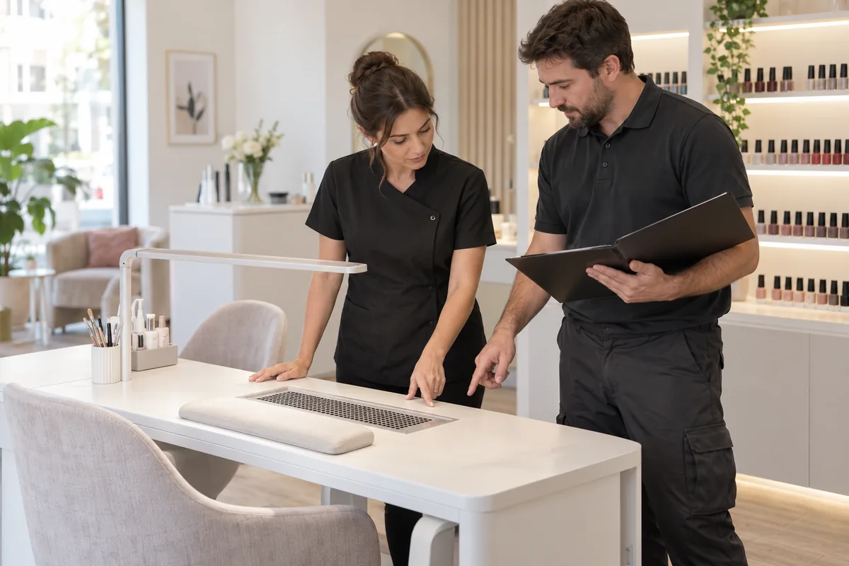 Responsable de salón y técnico revisando una mesa con extracción